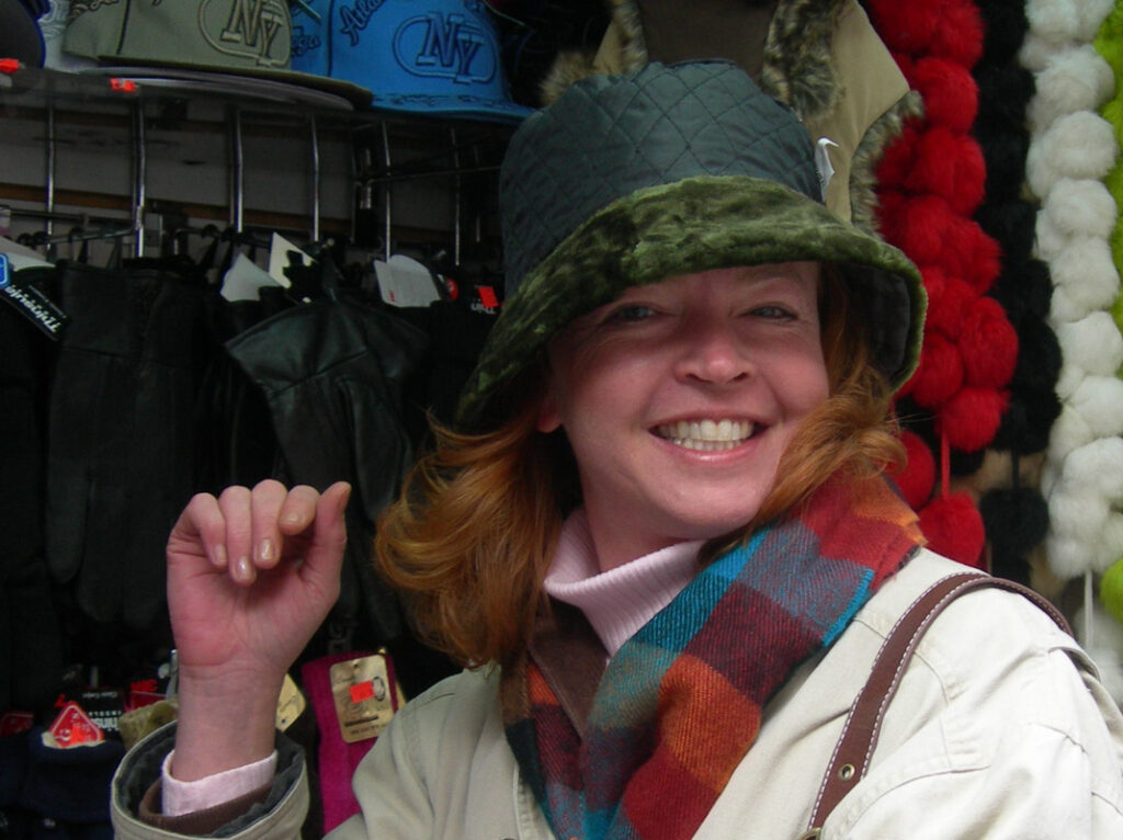 laurie trying a hat on